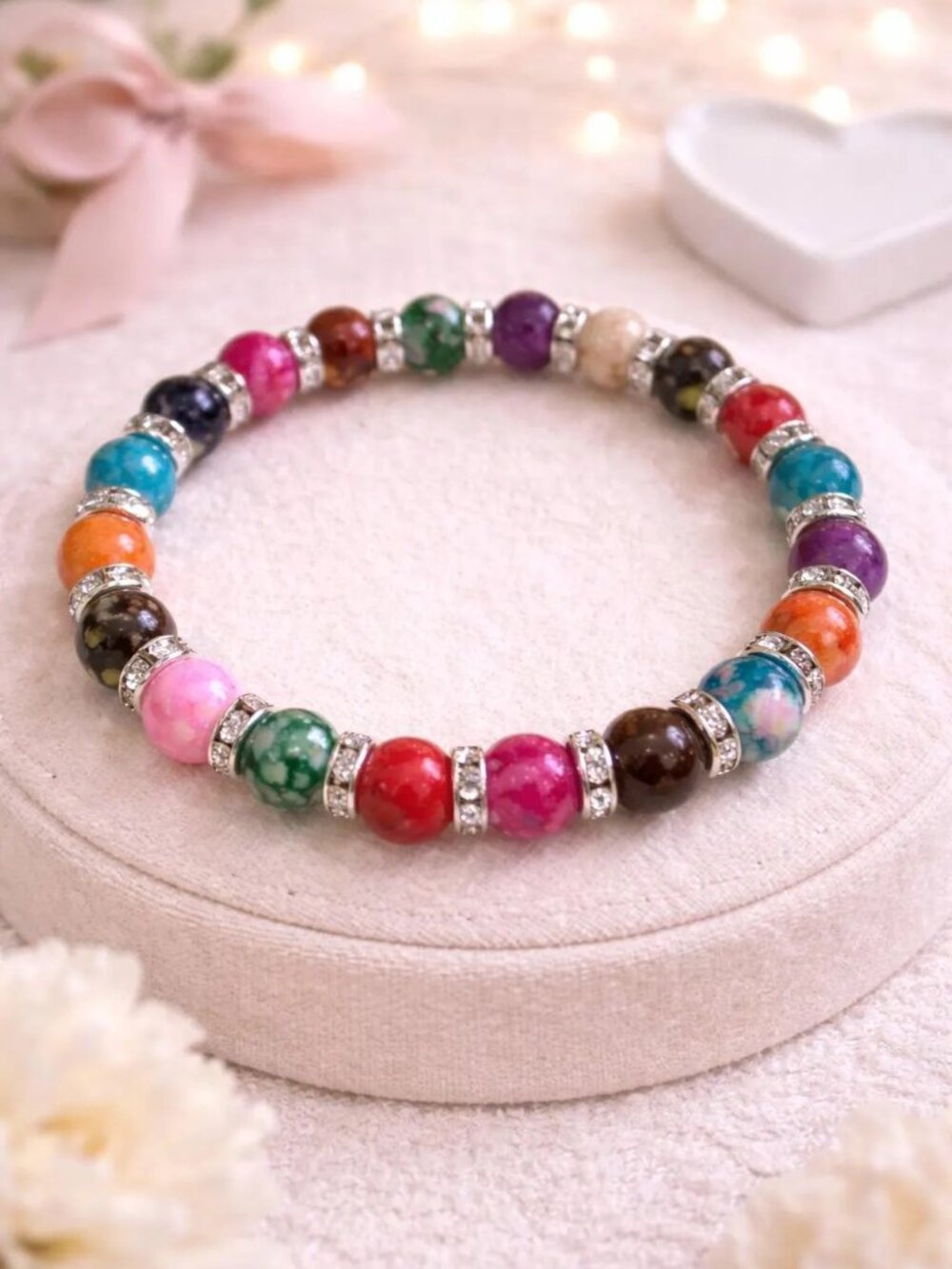 Multicolor Marbled Bead Stretch Bracelet w/ Rhinestone Spacers